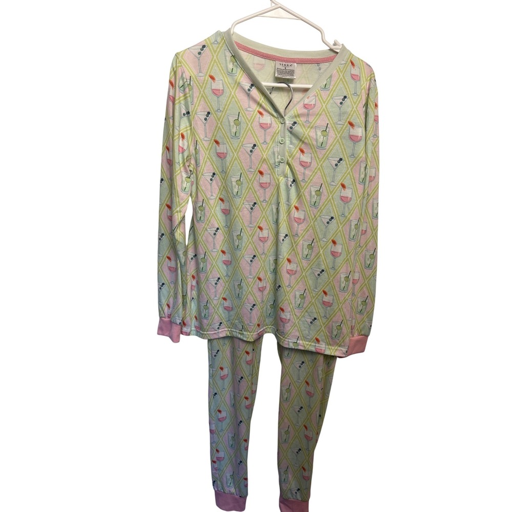 Serra‎ Womens Small Pajama Set Green Pink Cocktail Martini Print Henley Joggers